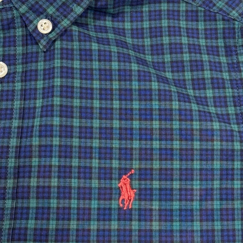 Ralph Lauren Boys Green Blue Plaid Long Sleeve Button Down Shirt Size 7 Red Pony